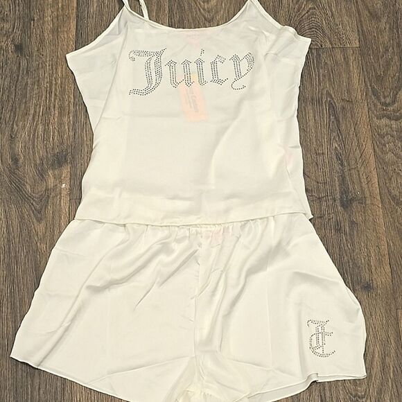 Juicy Couture Rhinestone Logo Satin PJ Set- White - Picture 3 of 7